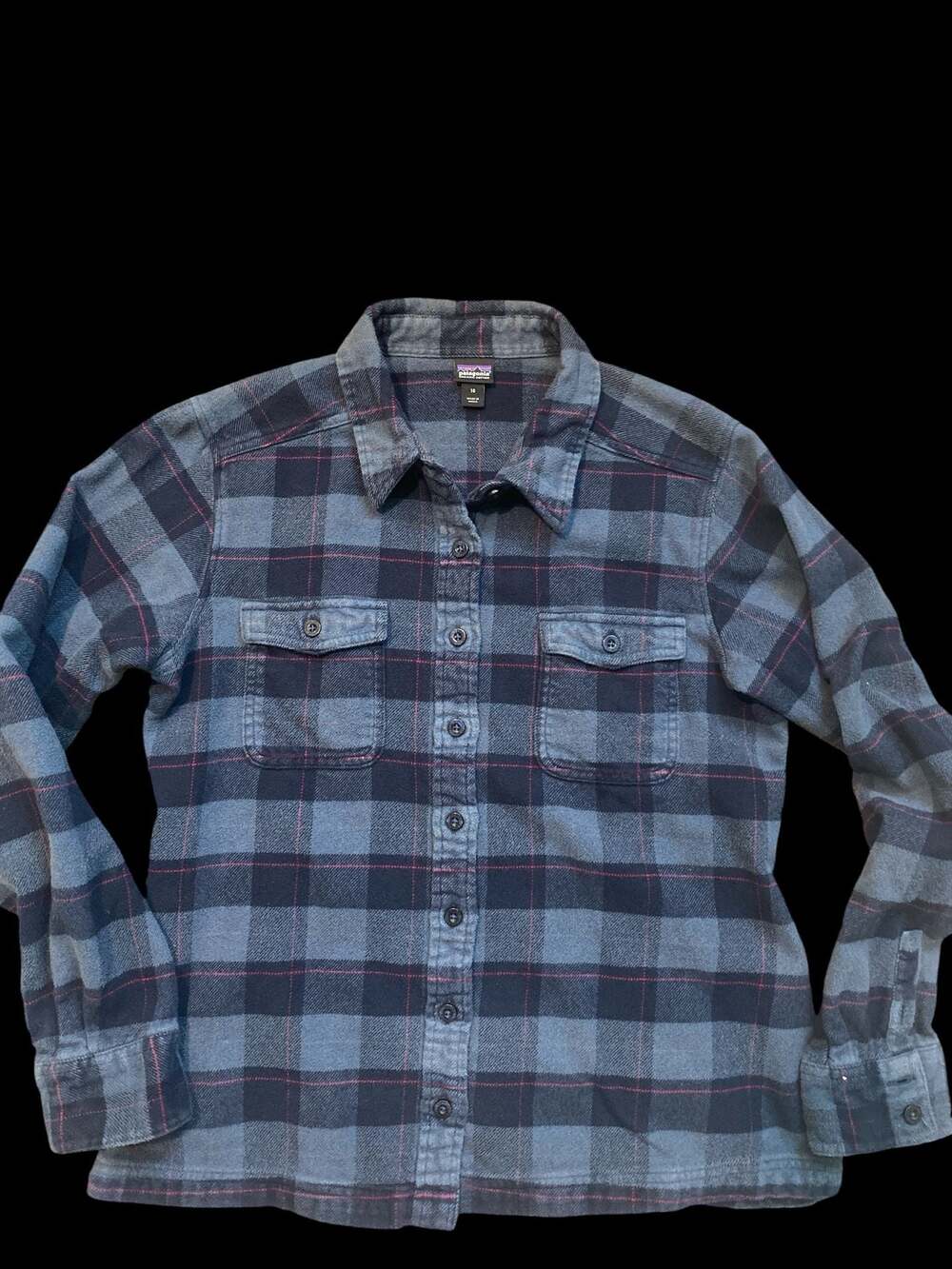 Patagonia Fjord Flannel Top Womens 2 Blue Plaid Organic Long Sleeve Button Down